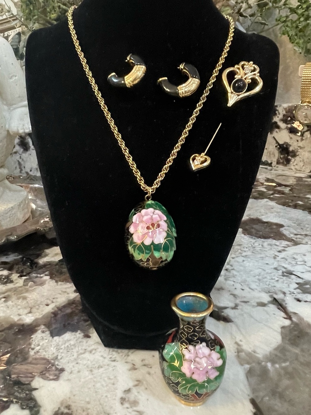 Black Cloisonné Egg Necklace w/Earrings, Stick-Pin & Cloisonné Vase - Vintage